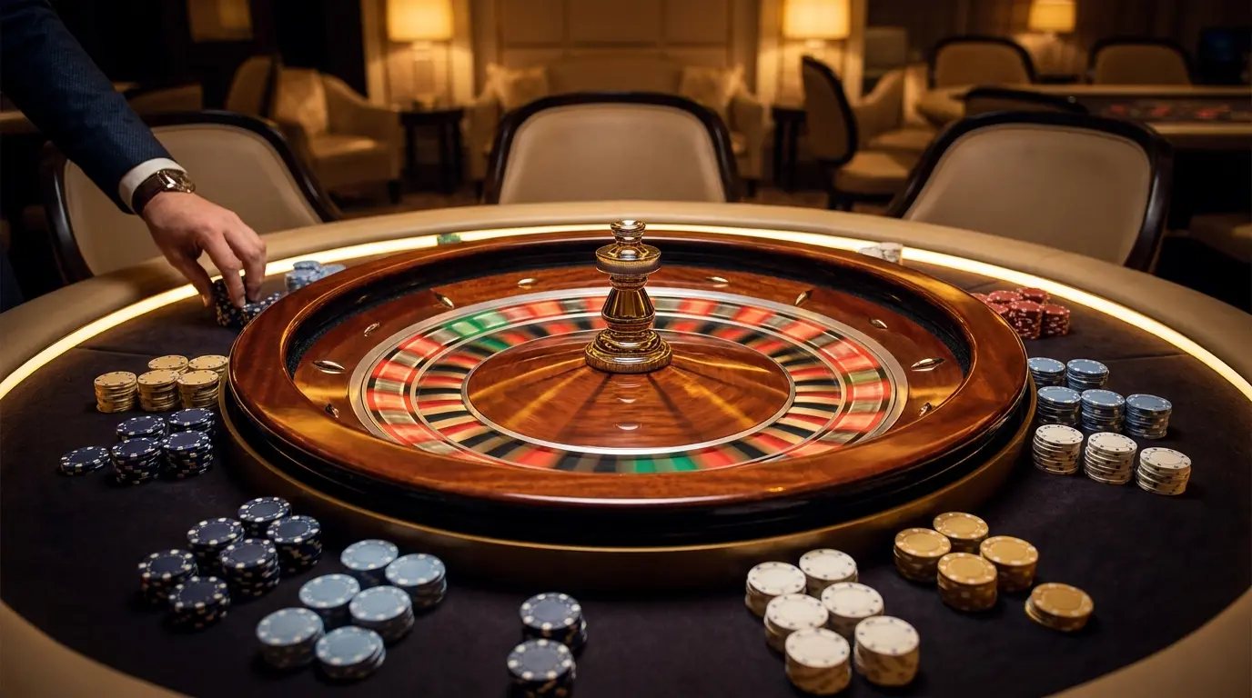 Roleta de casino a girar com fichas espalhadas