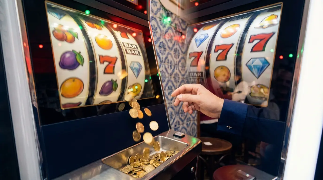 Moedas douradas caindo de slot machine com azulejos portugueses