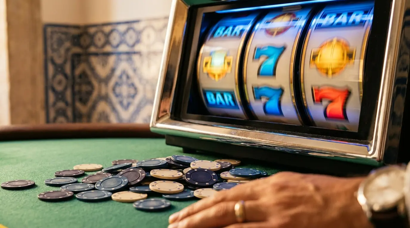 Máquinas de slot com fichas de casino em mesa de feltro verde