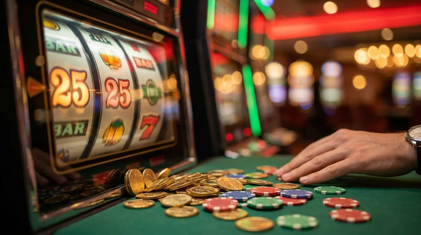 Rodilhas de slot com moedas douradas e fichas de casino