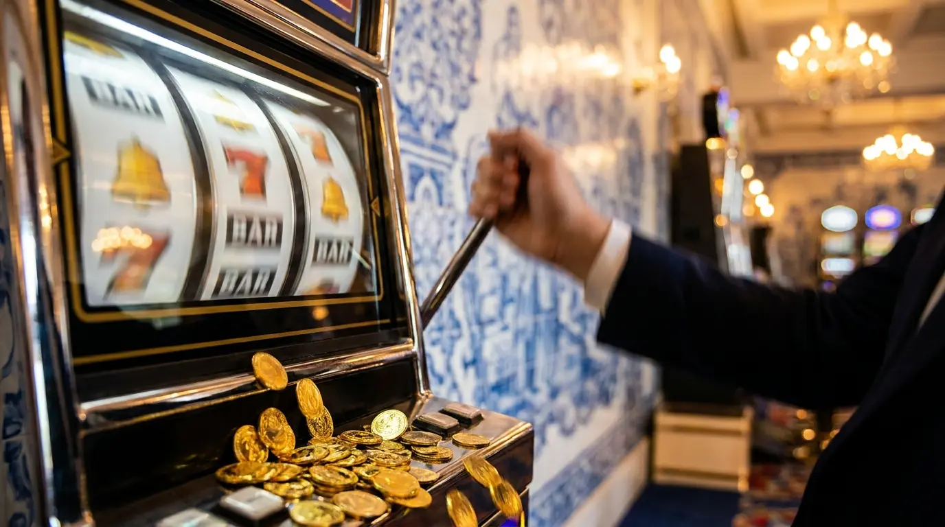 Moedas douradas caindo com rodilhos de slot machine em movimento