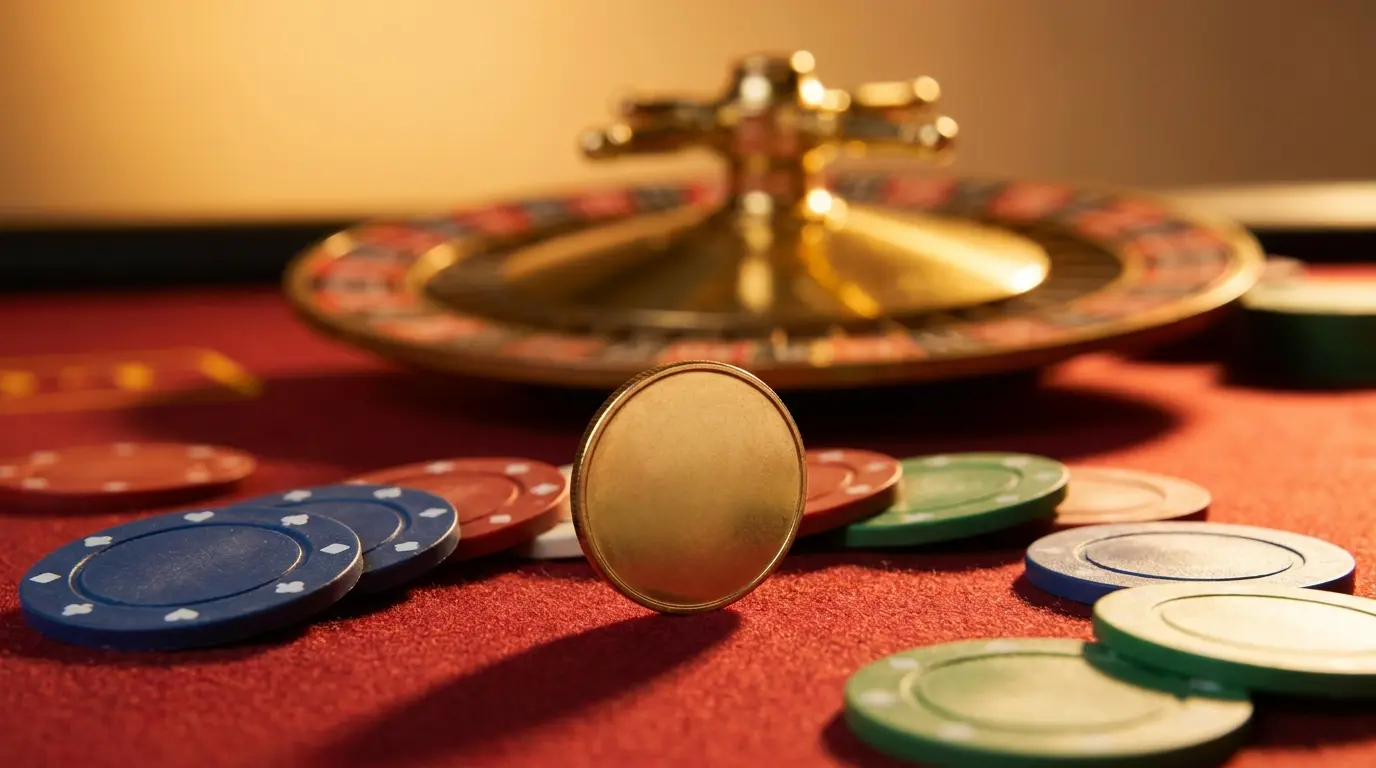Moeda de dez euros rodeada de fichas de casino em feltro vermelho