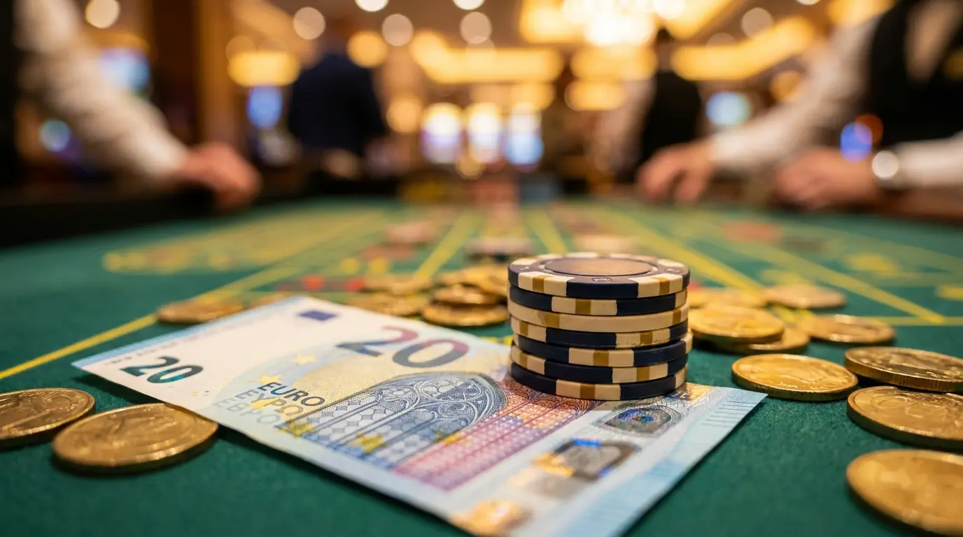 Notas de 20 euros com fichas de casino em mesa de jogo