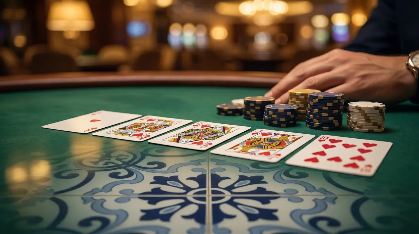 Cartas de vídeo póquer em mesa de casino com azulejos portugueses