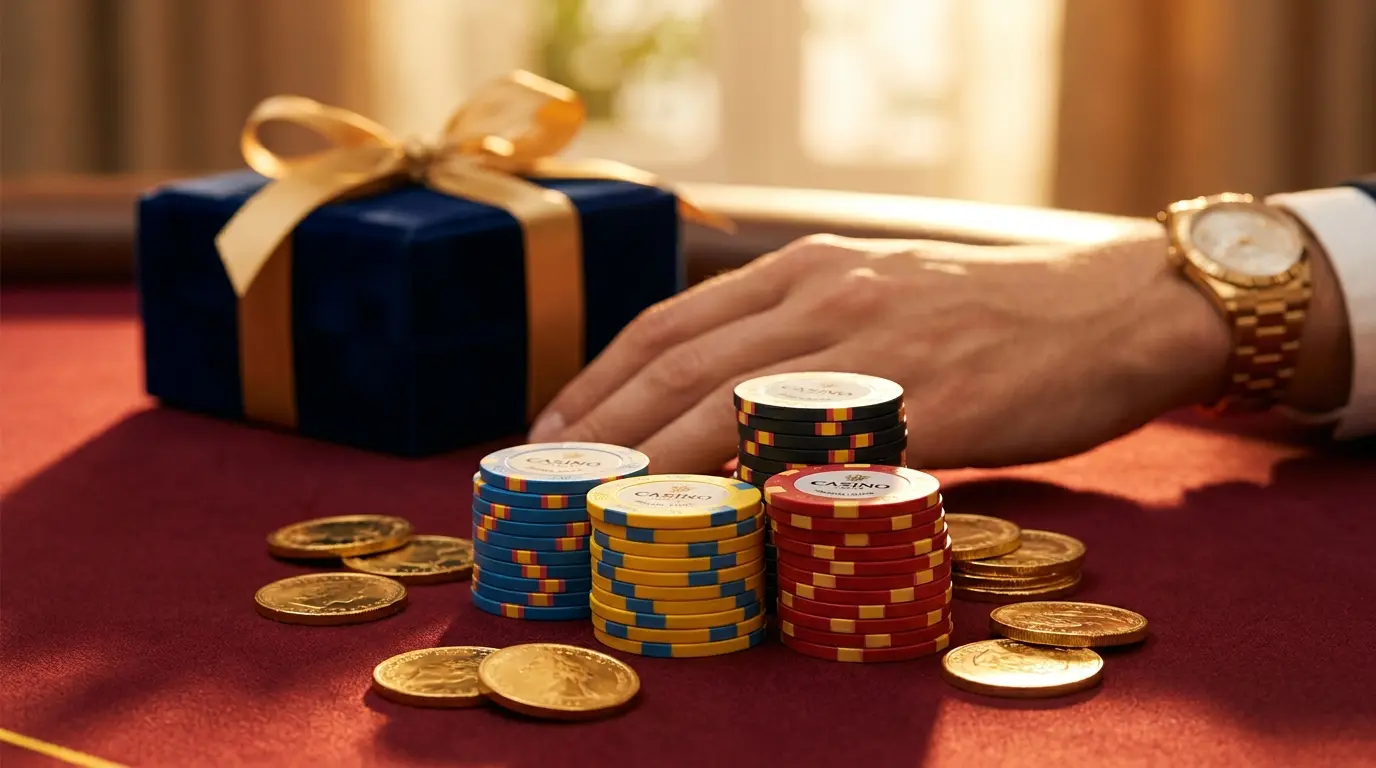 Jetoane de cazinou și monede aurii pe masă cu cadou bonus
