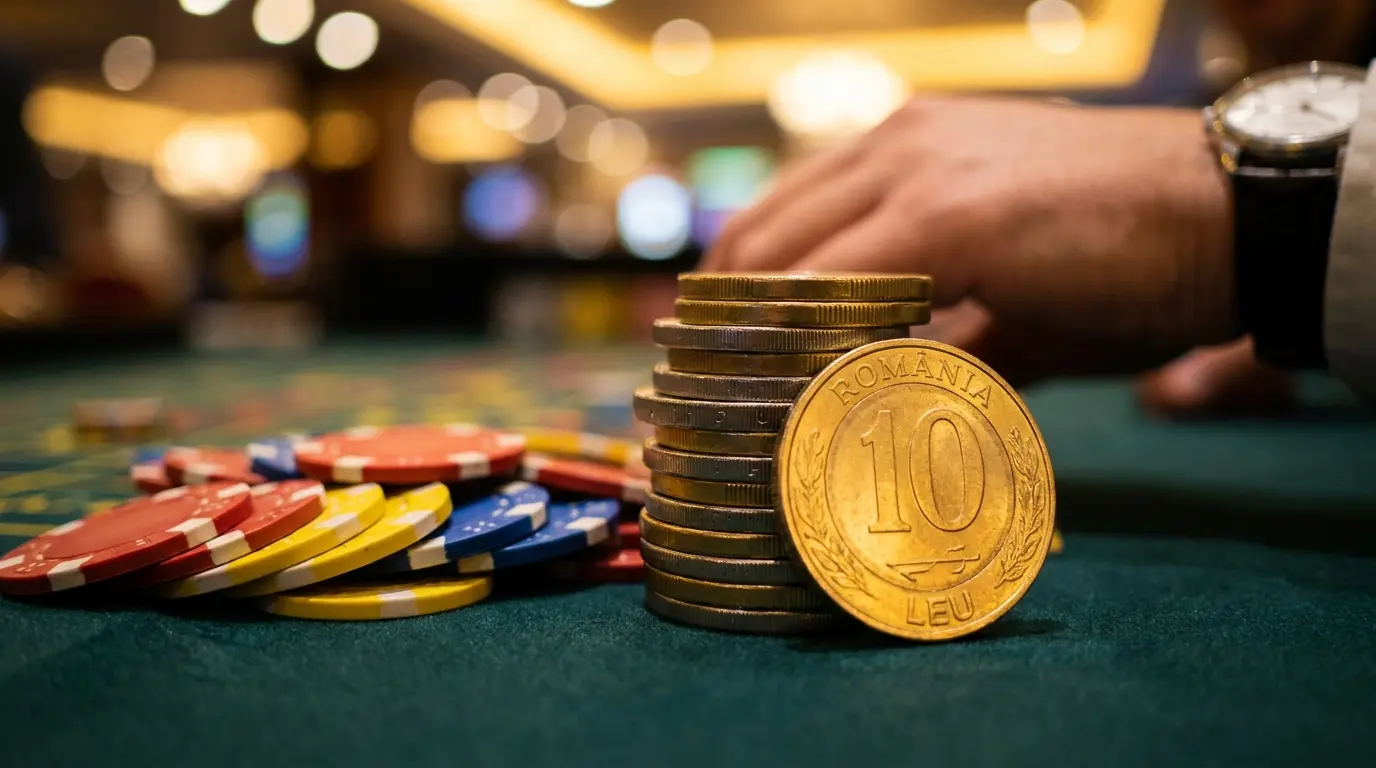Monede și jetoane de cazinou pe masă de poker verde