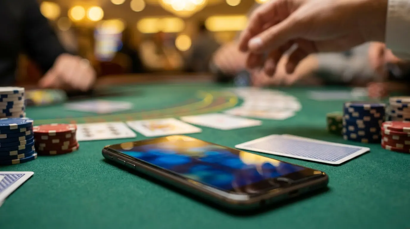 Mobiltelefon omgiven av casinomarker och spelkort i svenska färger