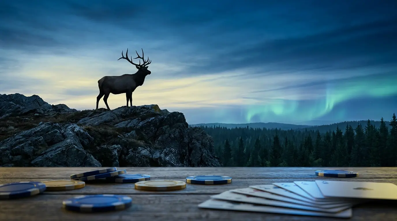 Älg på bergtopp med casinochips och spelkort i skandinavisk miljö