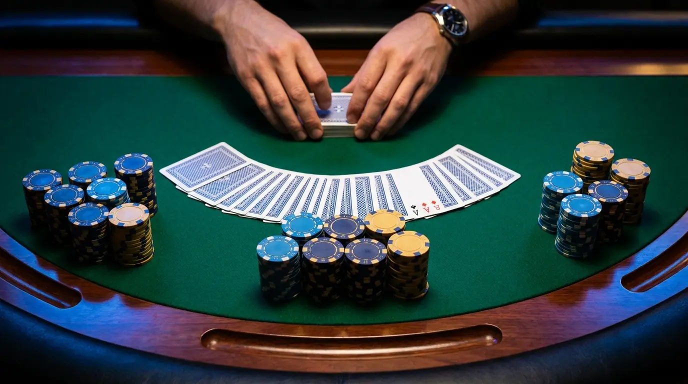 Live casino bord med kort och marker i nordisk atmosfär