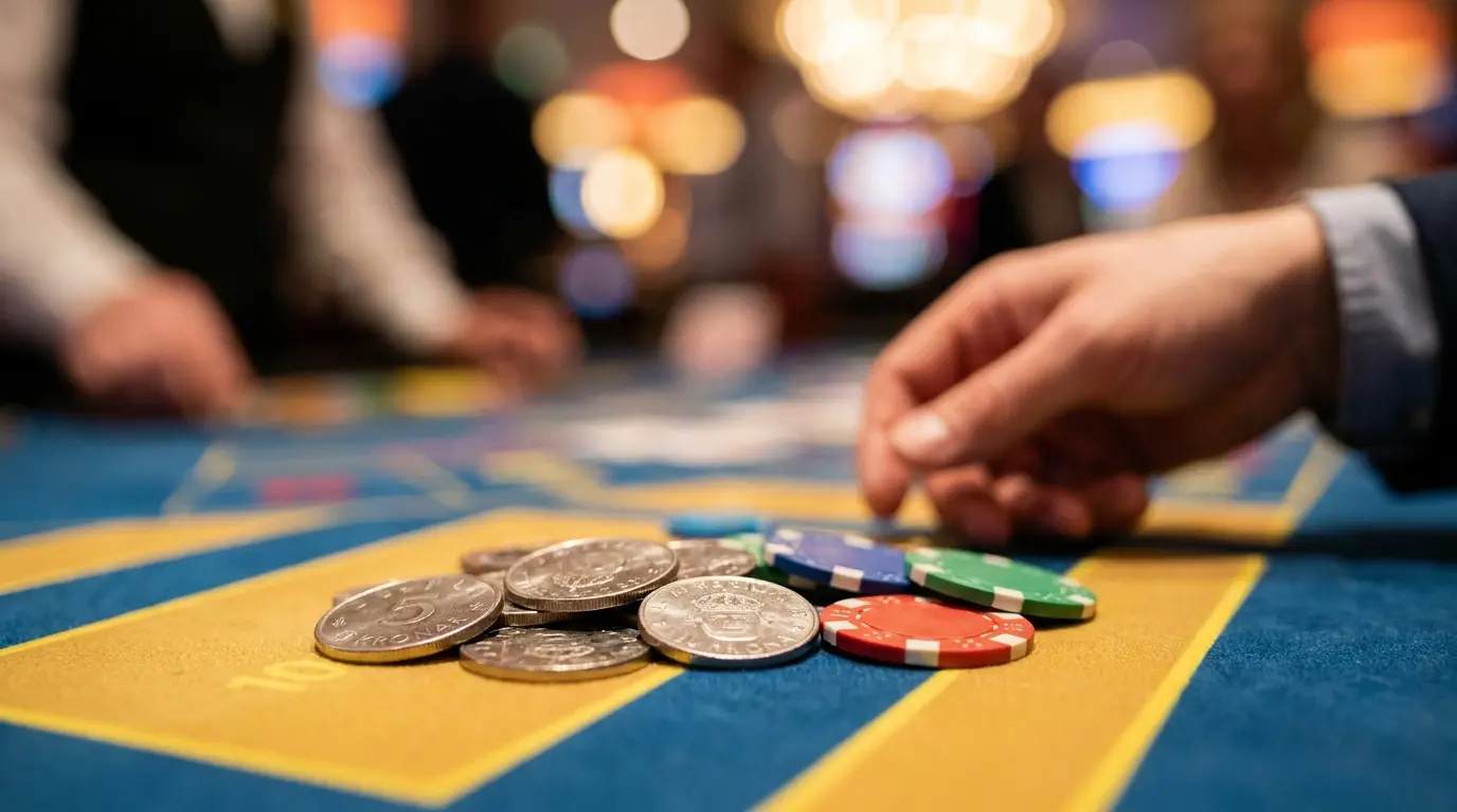 Mynt och casinomarker på bord, minimal insättning koncept