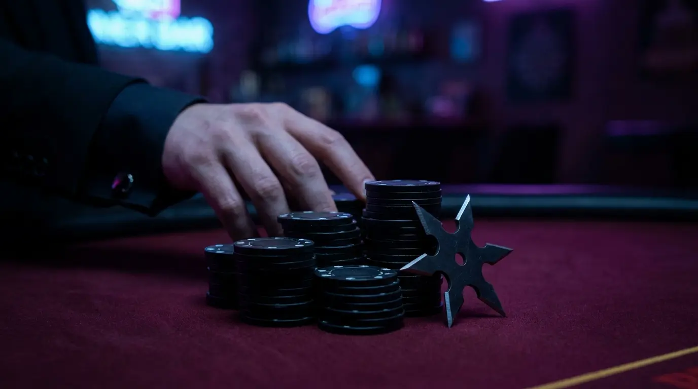 Pokerflis och ninja-stjärna på kasinobord med dramatisk belysning