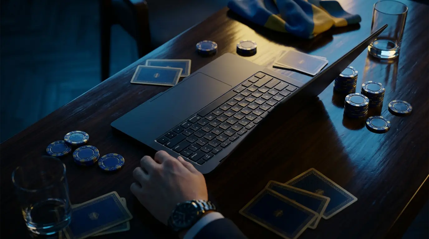 Laptop med pokerspel och svenska flaggfärger