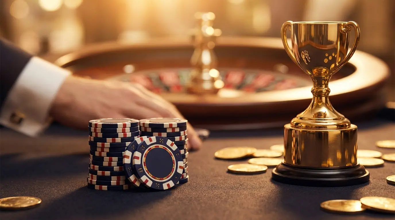 Casino žetoni in trofeja na temno zelenem suknu