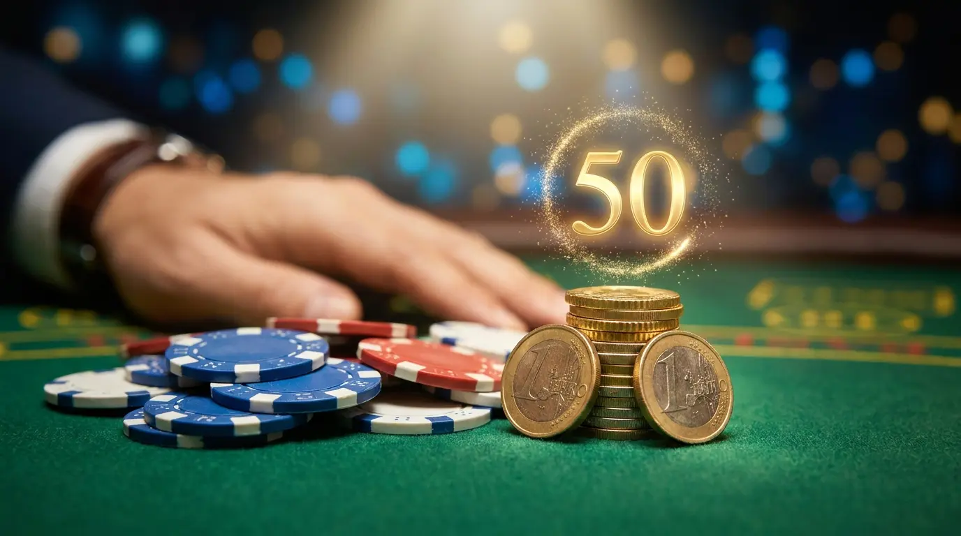 Evro kovanci in žetoni s svetlečo številko 50 na igralni mizi