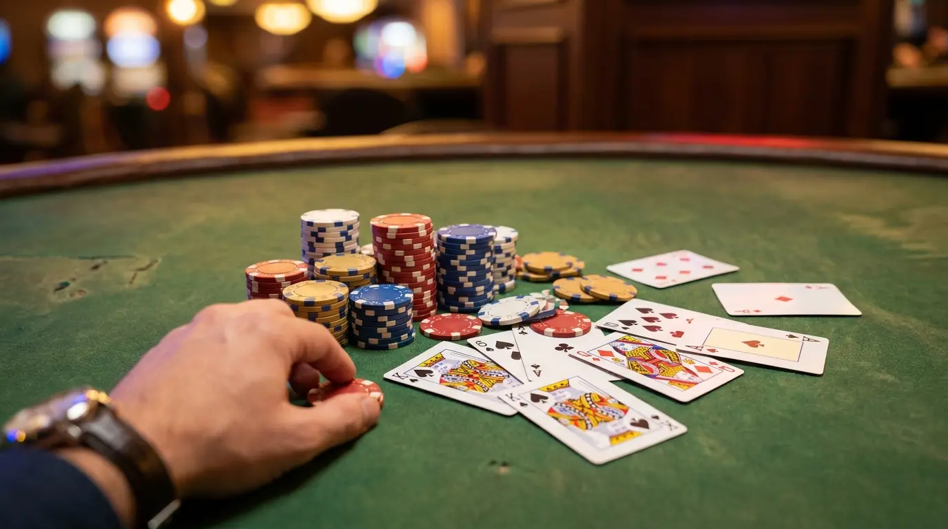 Casino žetoni in igralne karte na zelenem suknu