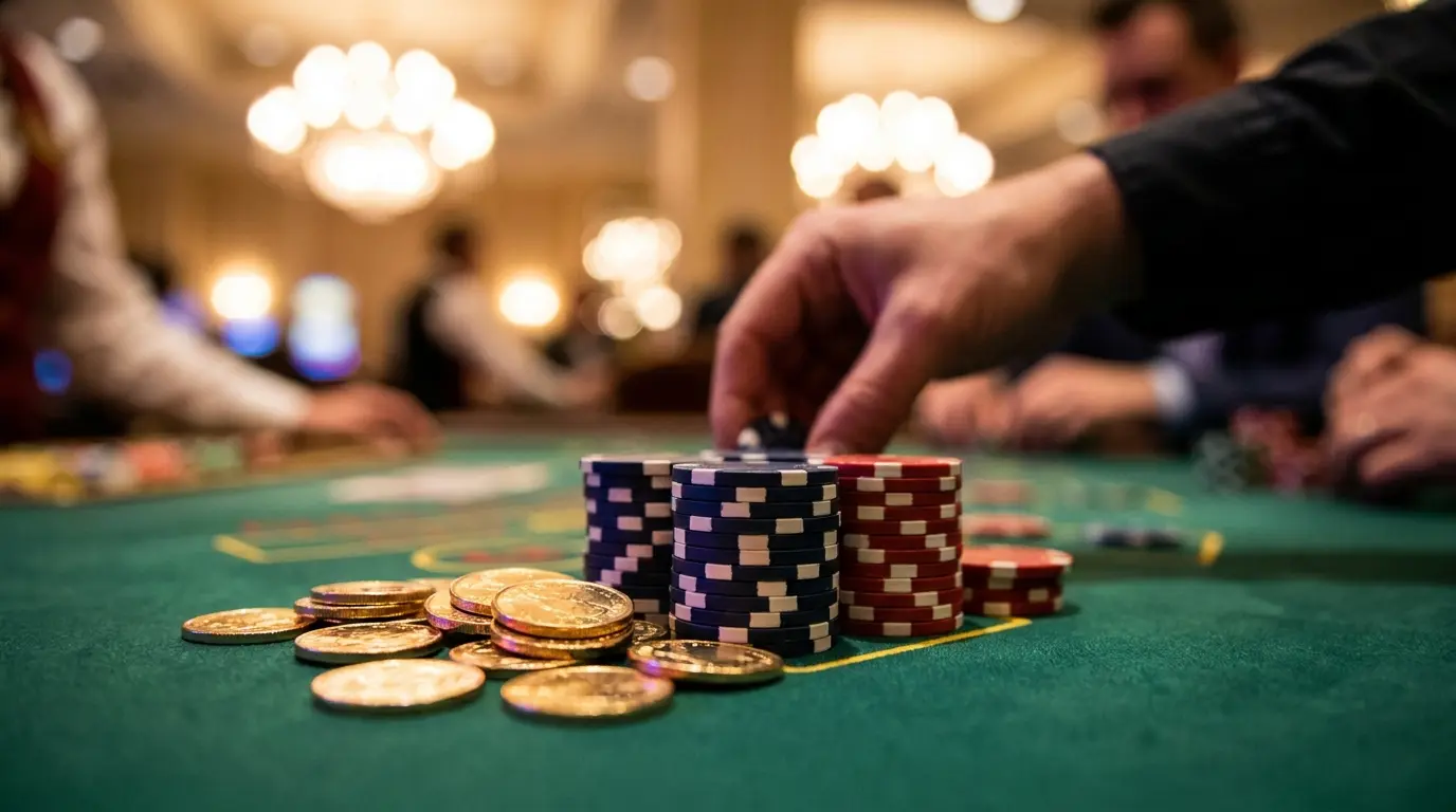 Casino žetoni in kovanci v slovenskih barvah na igralni mizi