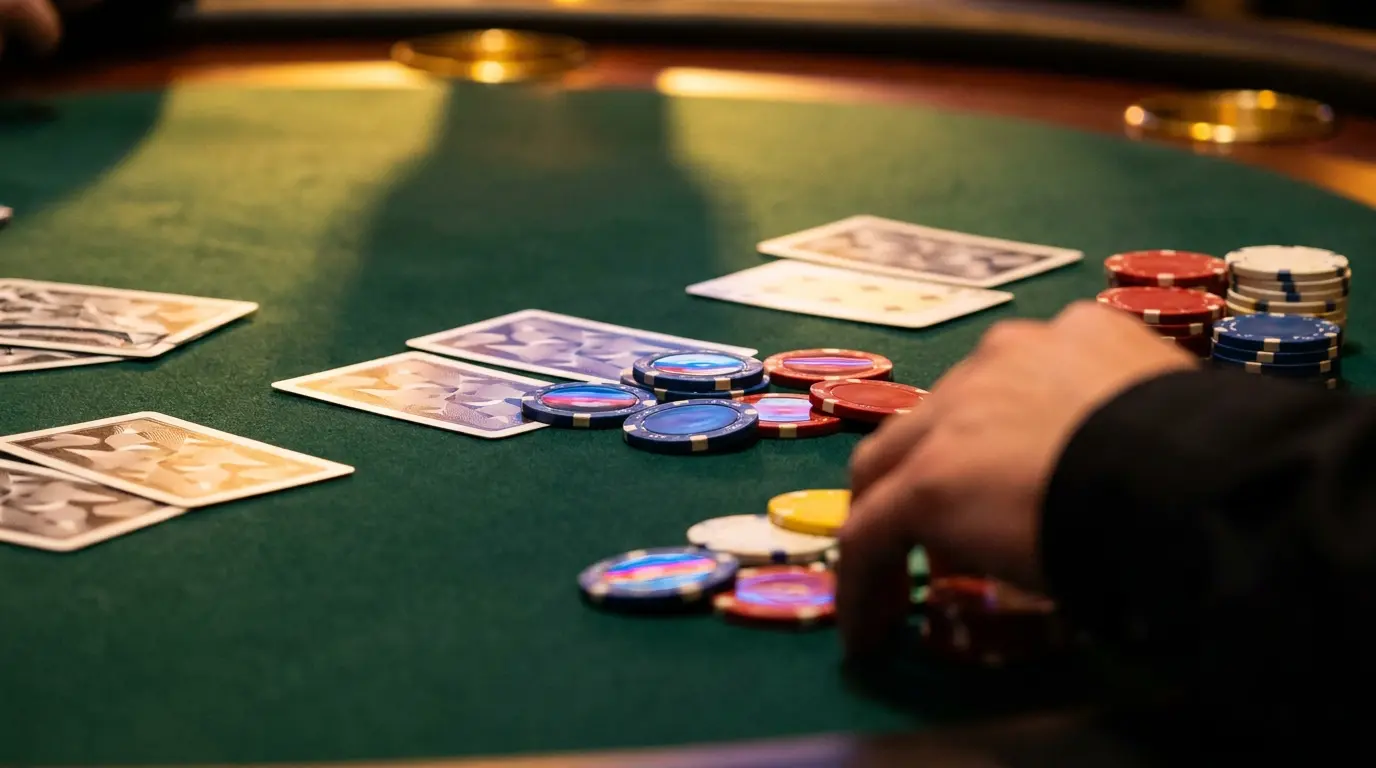 Poker karte in žetoni na zelenem suknu z narodnimi barvami