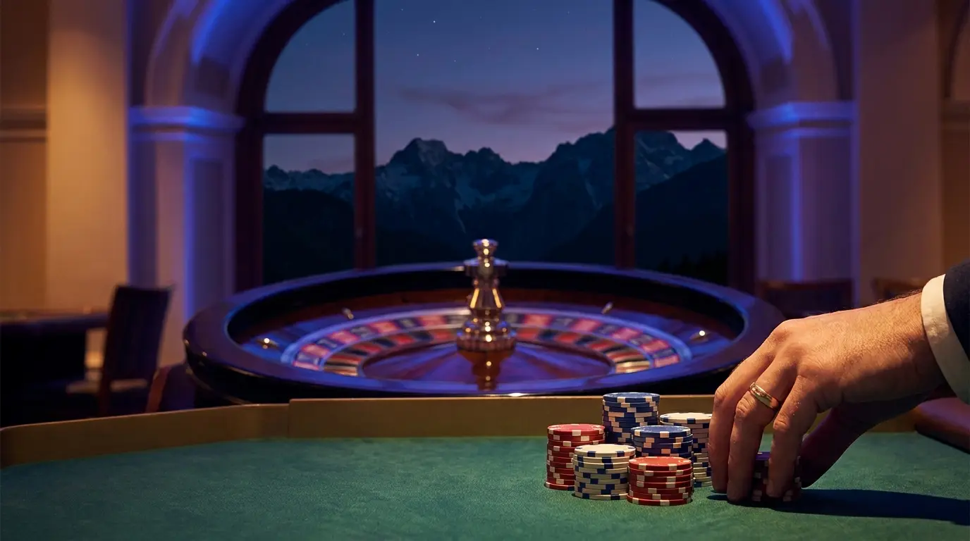 Ruleta in žetoni z alpskim razgledom v ozadju