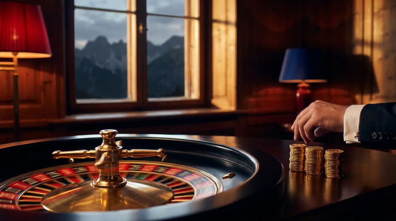 Vrtljiva ruleta z zlatimi kovanci in gorskim ozadjem