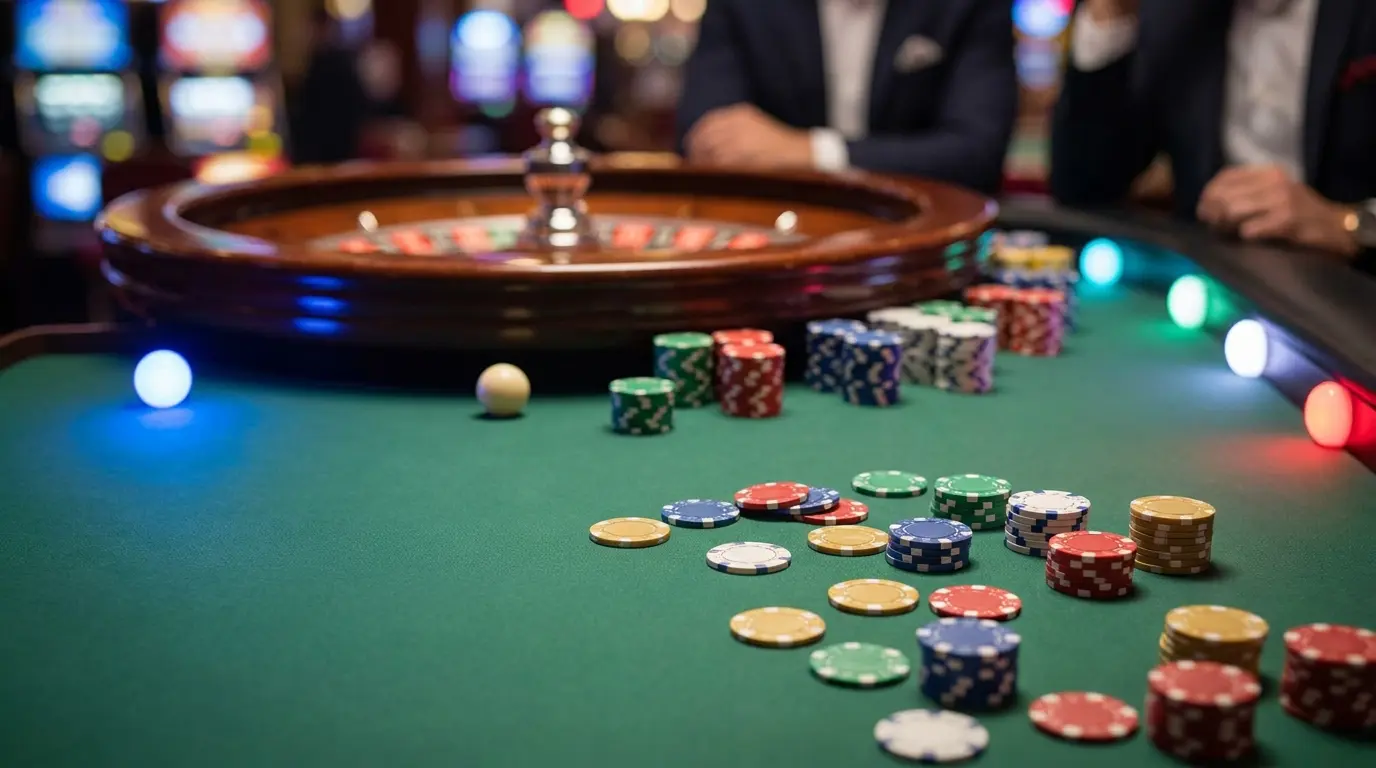 Ruleta miza z barvnimi žetoni in kroglo od zgoraj