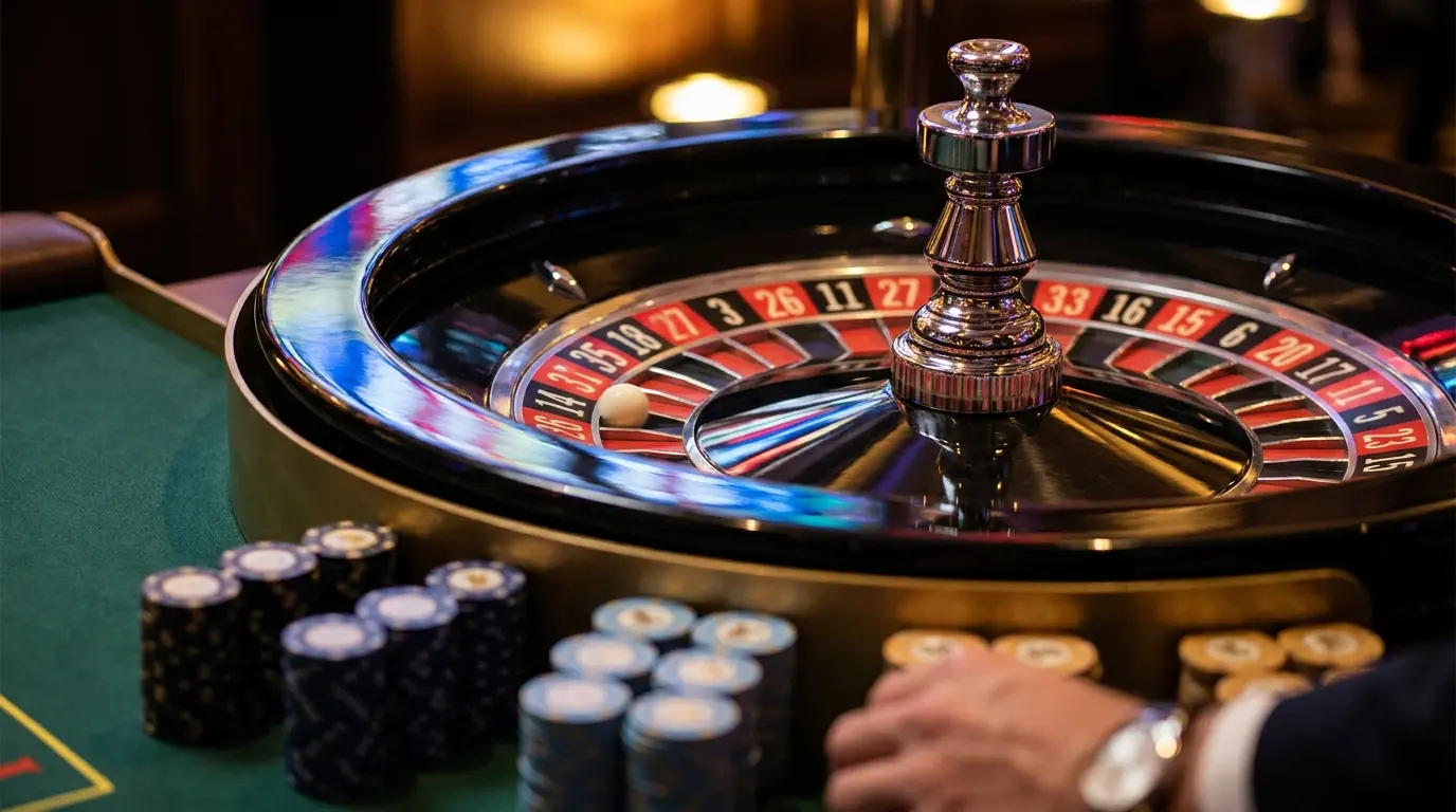 Ruleta kolo se vrti z žetoni na zelenem suknu
