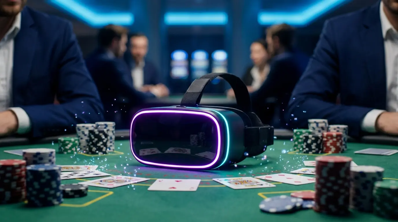 VR očala na igralniški mizi s žetoni in kartami
