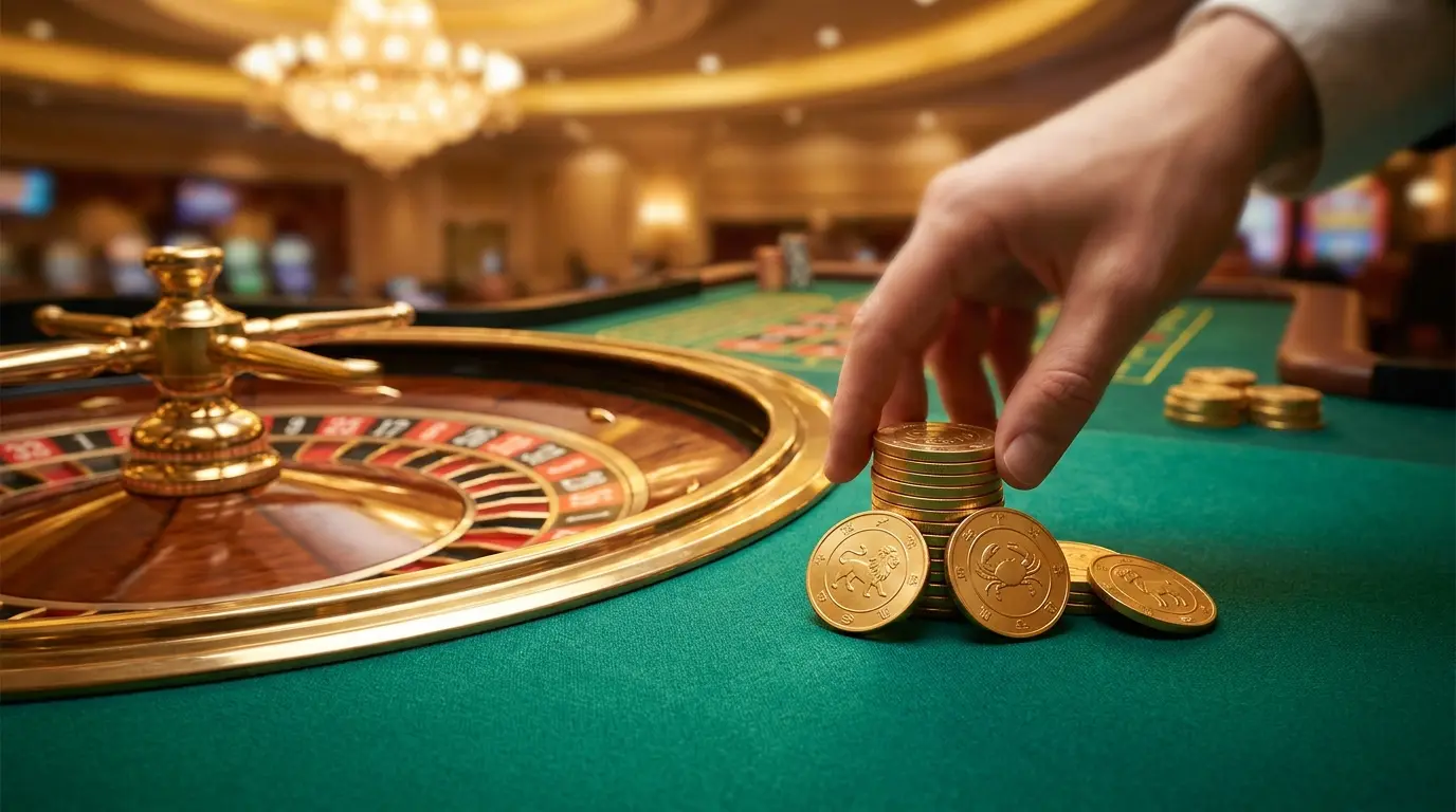 Ruleta in poker žetoni z znaki zodiaka na zelenem suknu