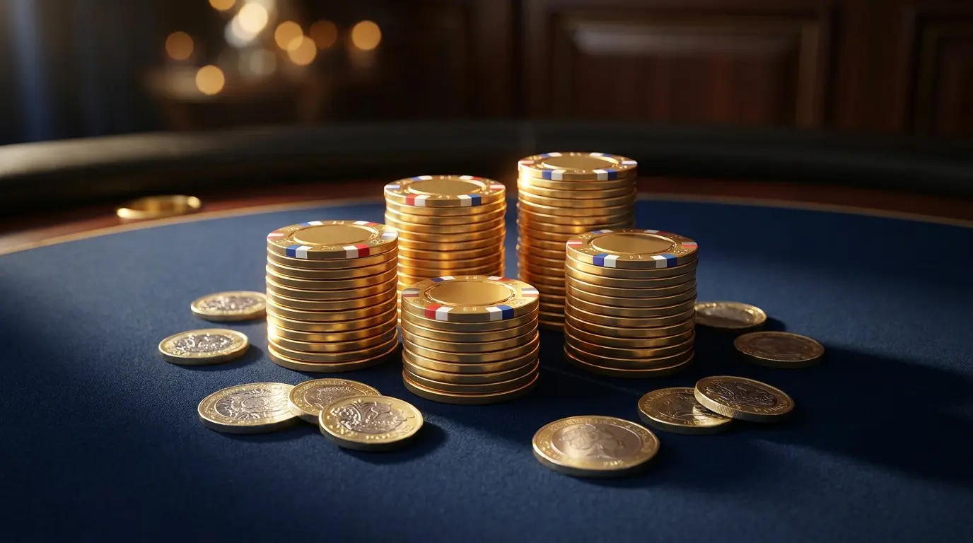 Casino chips and British coins on elegant casino table