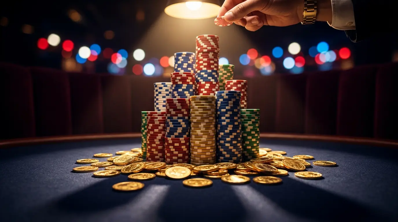 Massive stack of casino chips with British-themed lighting and coins