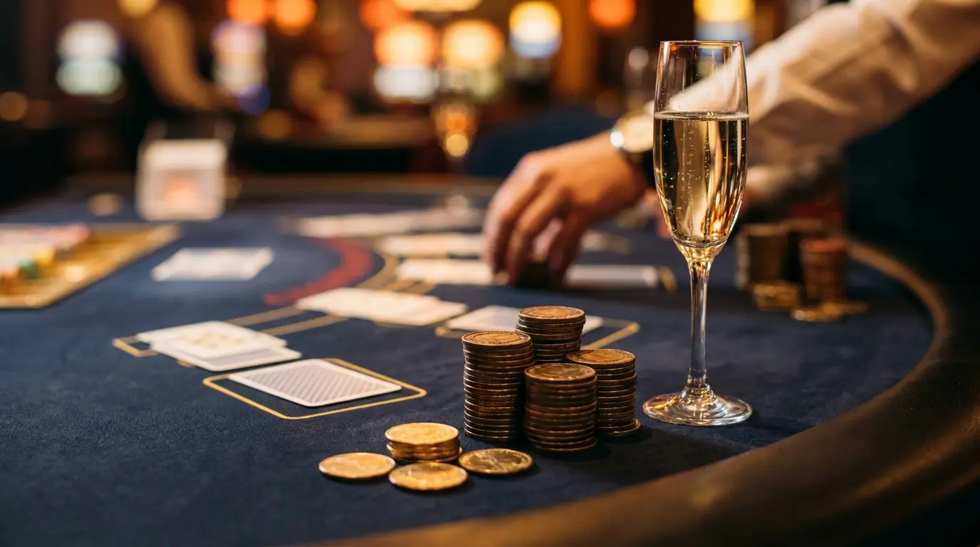 Bronze casino chips and golden coins on dark felt table