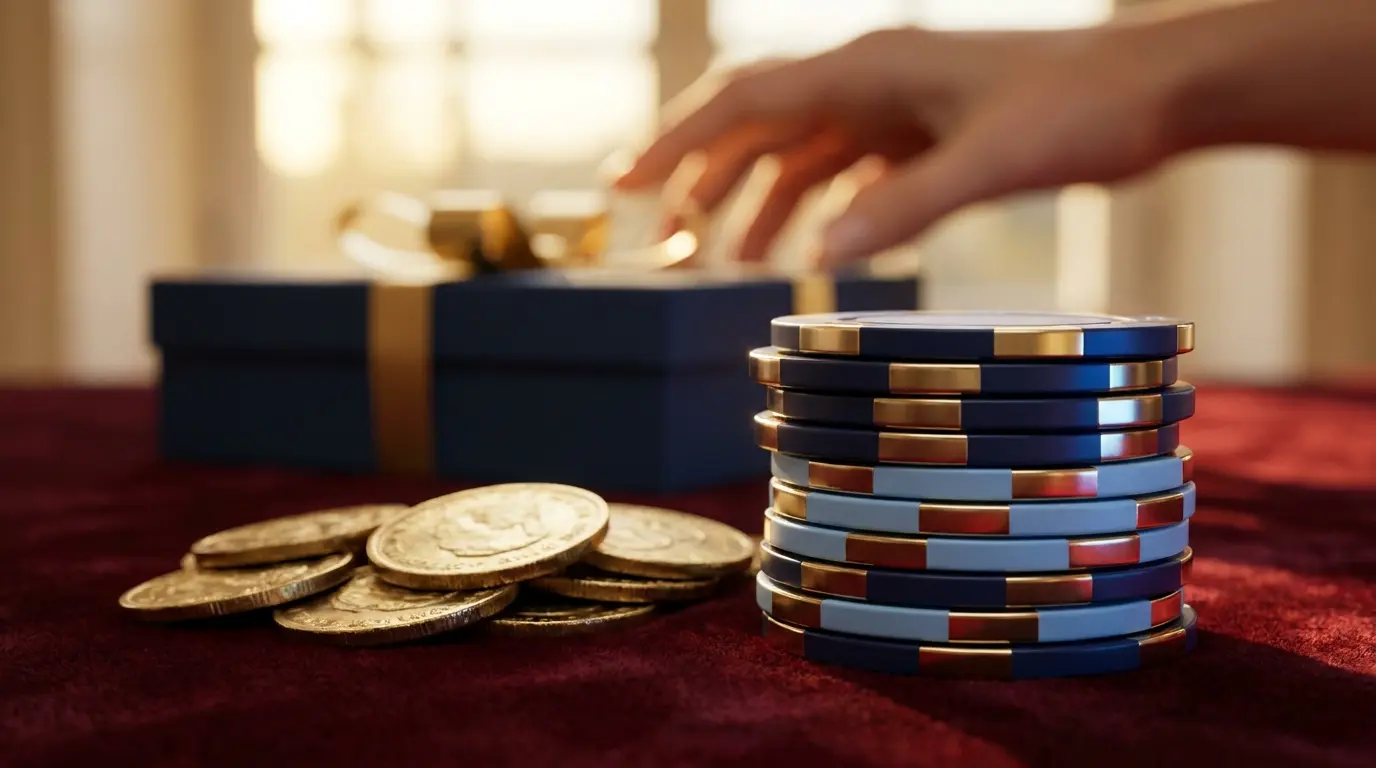 Casino chips and coins on red velvet with gift box