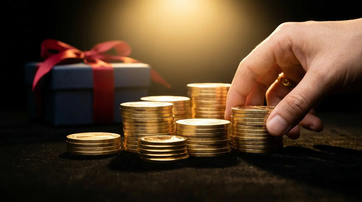 Casino chips and coins arranged with gift box representing bonuses
