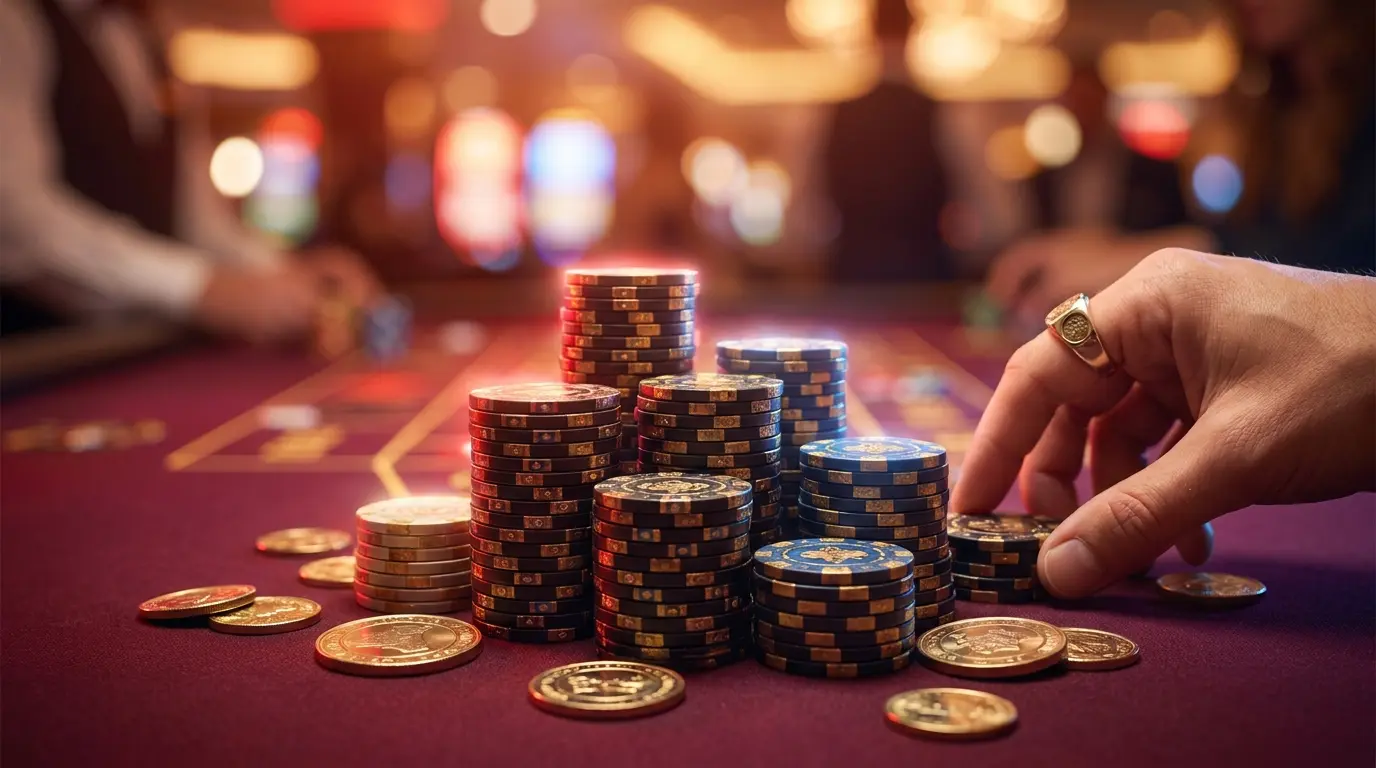 Casino chips and coins on elegant felt table with UK themed lighting