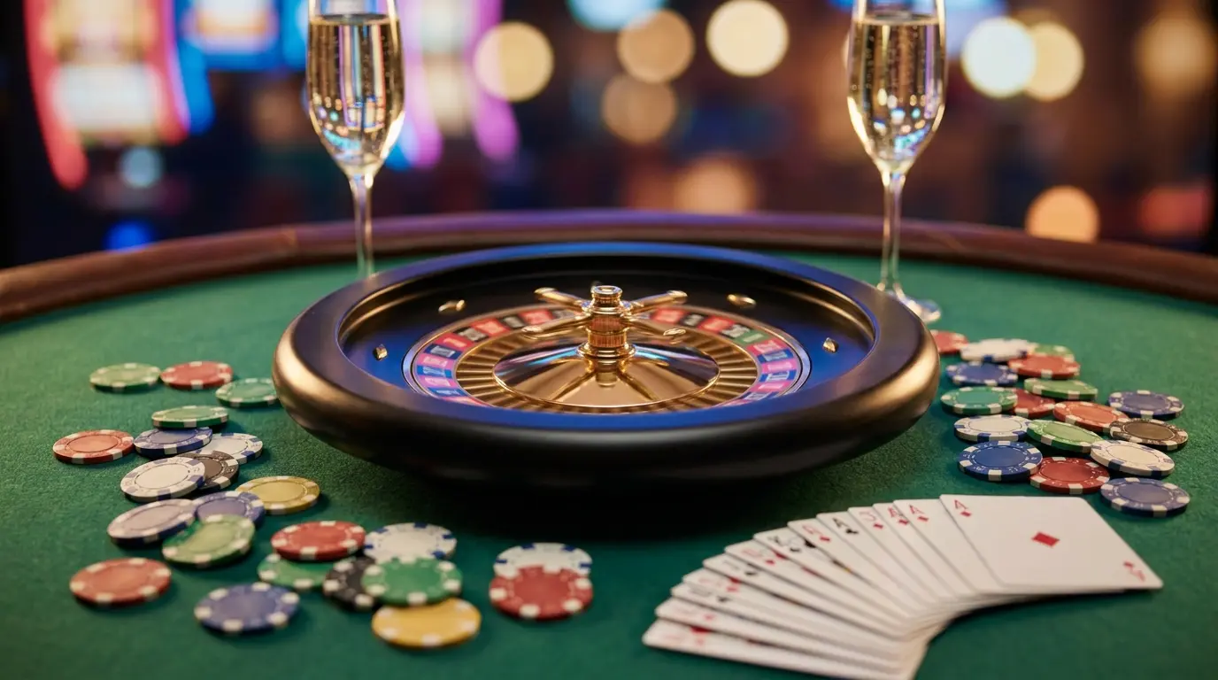 Dynamic casino scene with roulette wheel and scattered chips