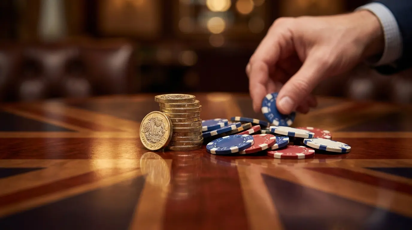 Stacked pound coins beside casino chips on wooden surface