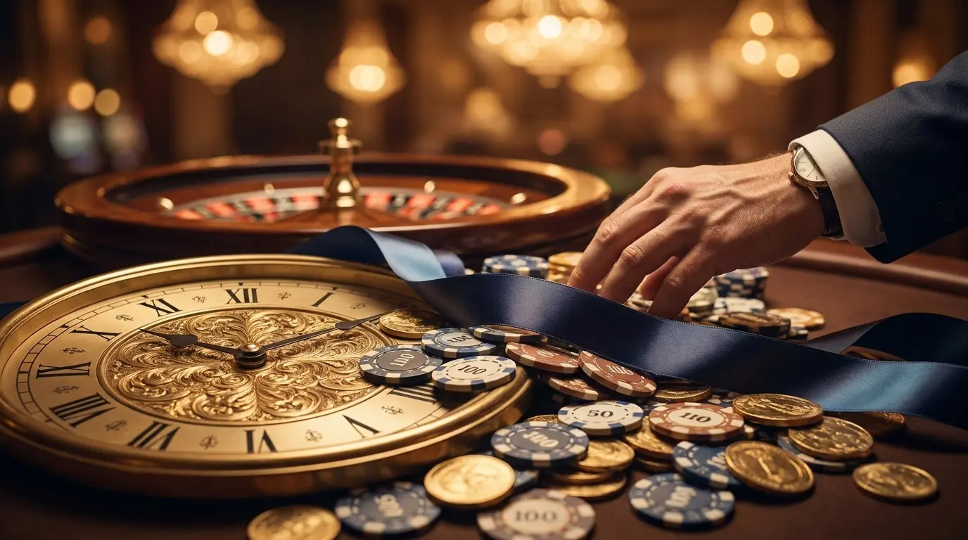 Golden clock surrounded by casino chips and promotional items