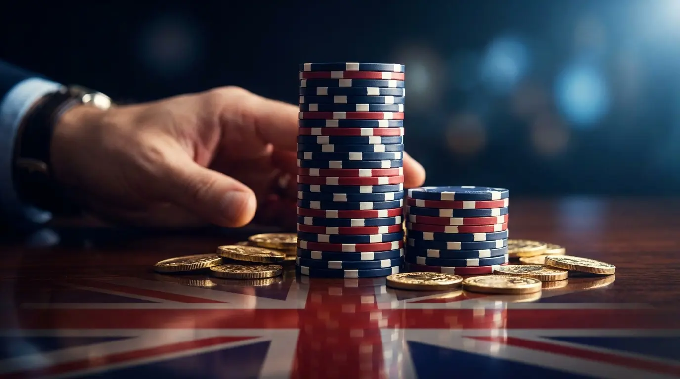 Casino chips and coins showing low wagering concept with UK colors