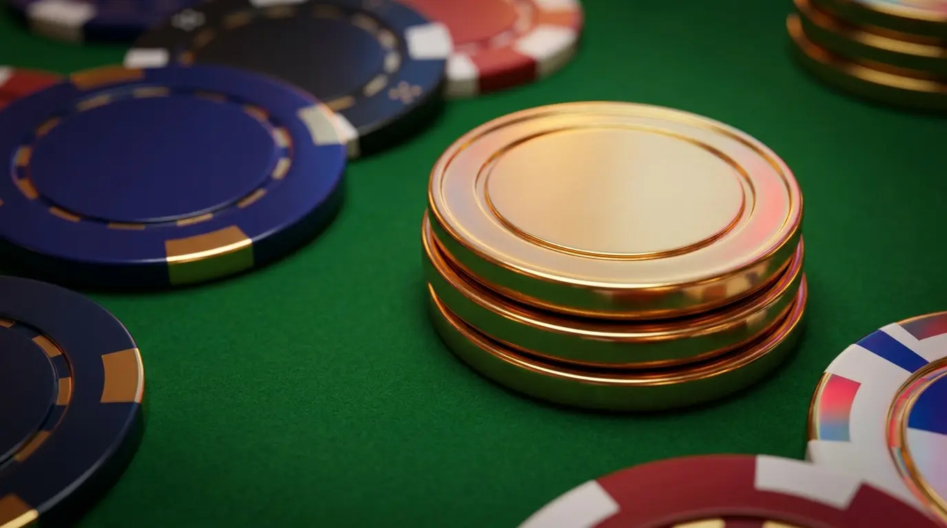 Pound coins and poker chips on green felt with UK colours