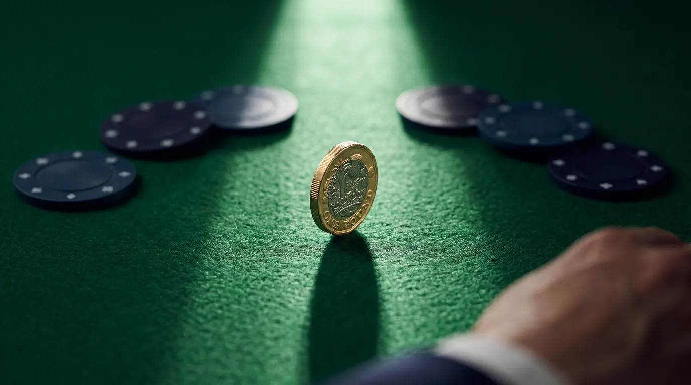 Single pound coin on casino felt with poker chips in background