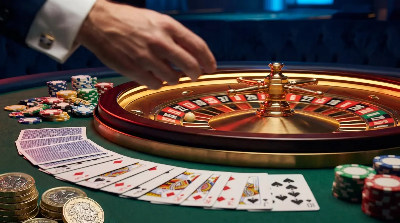 Spinning roulette wheel with chips cards and British pound coins