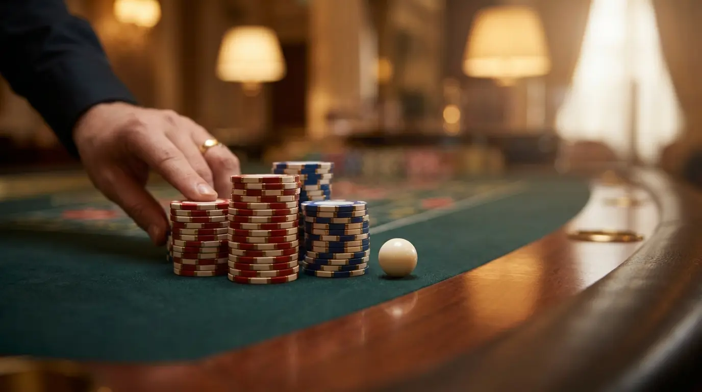 Casino chips and roulette ball on green felt table