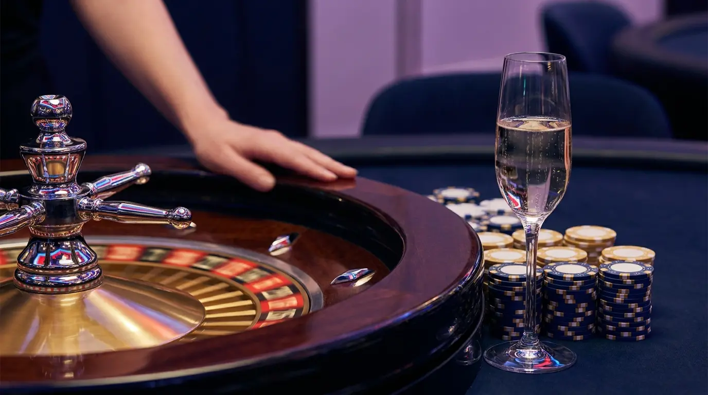 Roulette wheel and champagne in upscale casino setting