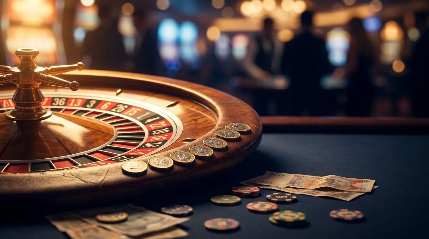 Roulette wheel with low denomination chips and pound coins