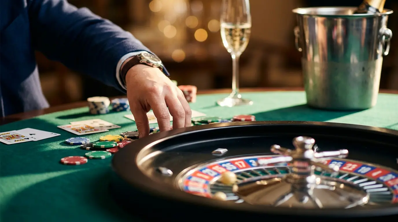 Spinning roulette wheel with chips and cards on casino table