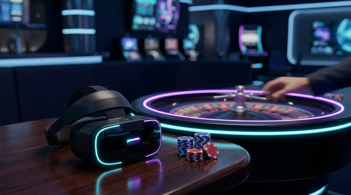 Spinning roulette wheel with VR headset and colourful casino chips