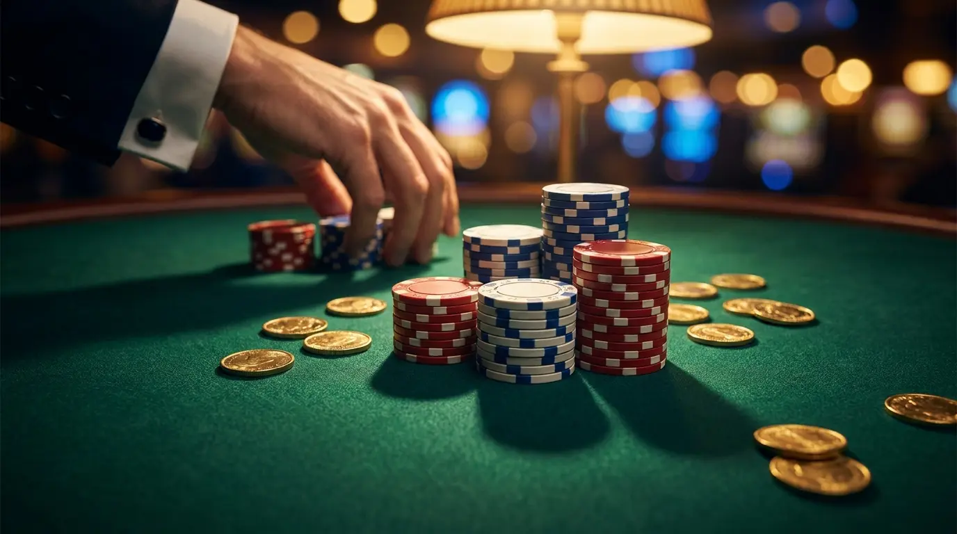 Casino chips and coins in UK colors on gaming table