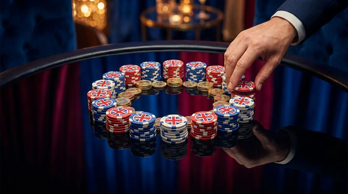 Casino chips and coins with British themed colors in elegant arrangement