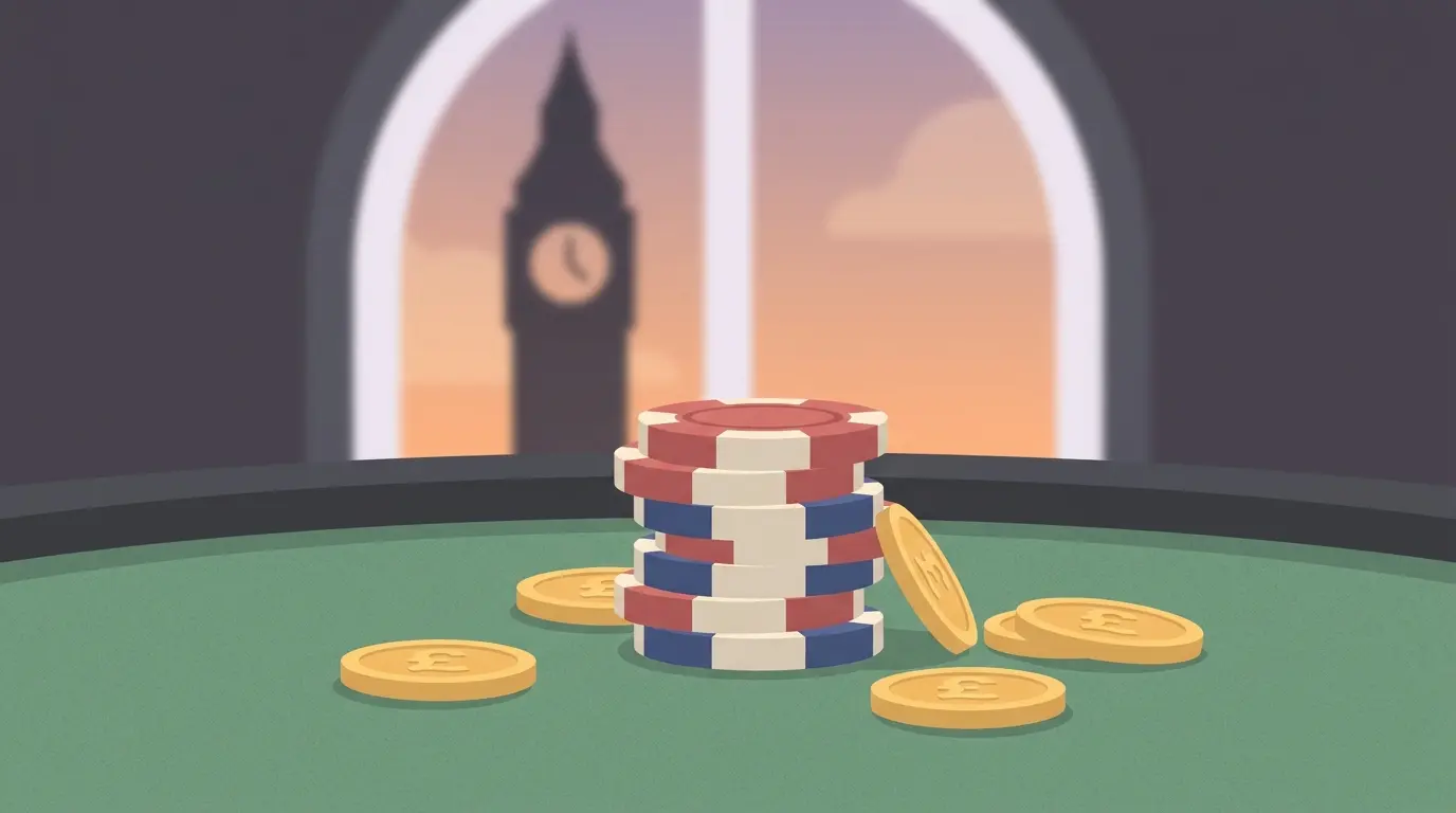 Casino chips in British colors with pound coins on gaming table