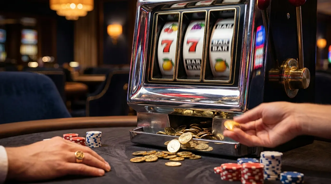 Spinning slot reels with cascading coins and UK-themed casino chips