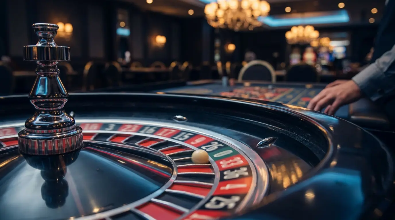 Spinning roulette wheel with UK themed chrome details in casino